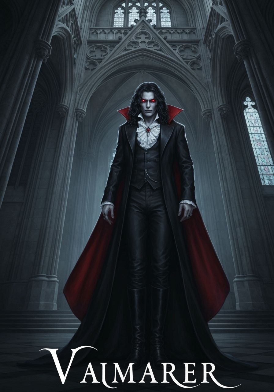 Gothic Vampire in Shadowy Cathedral