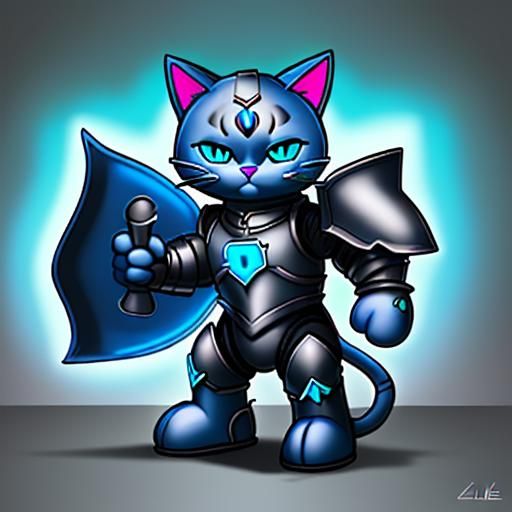 Lifelke neon Blue Cat in armor cartoon style super kitty