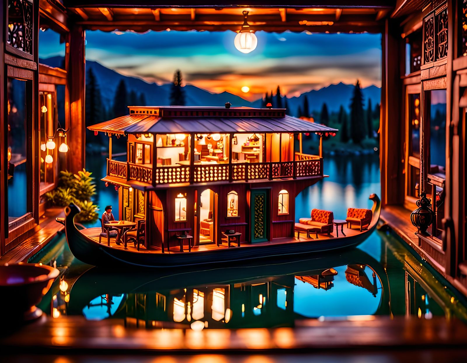 Cozy Kashmiri Houseboat Diorama in Hyperrealistic Detail