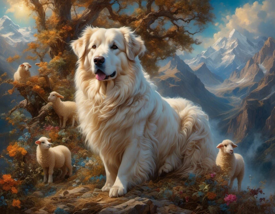 Great Pyrenees Dog Guards Sheep, Cosmic Illustration