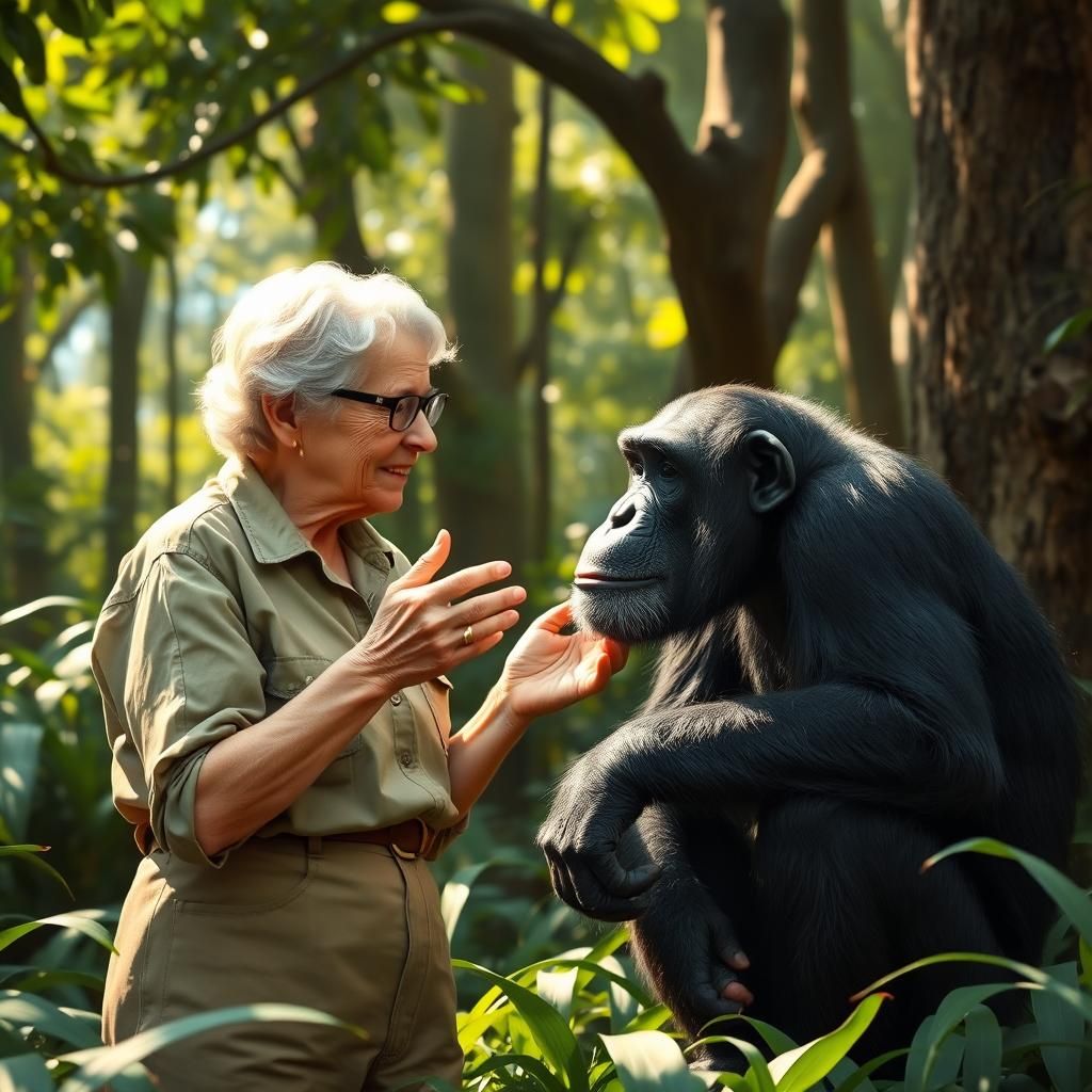 Jane Goodall Communicates with Chimpanzee in Tanzania