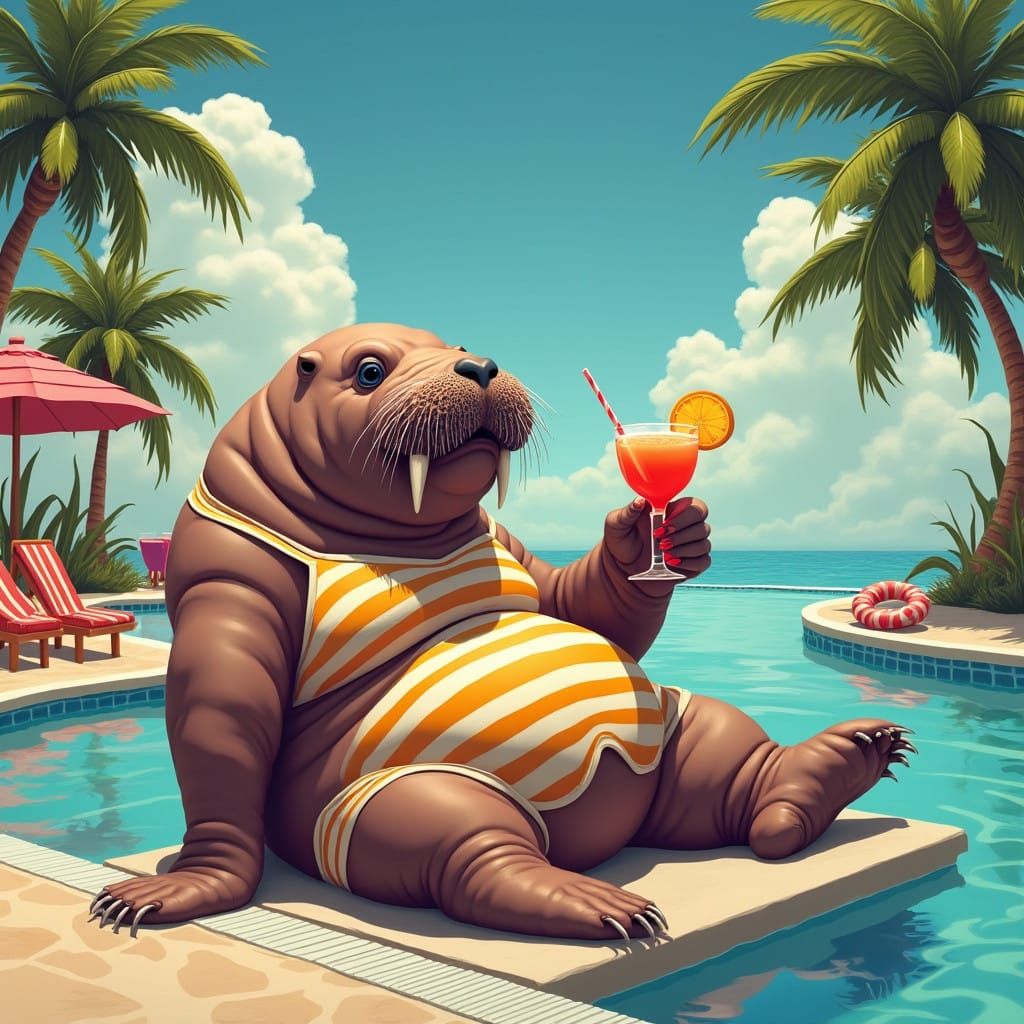 Realistic Poolside Scene with Striped Walrus