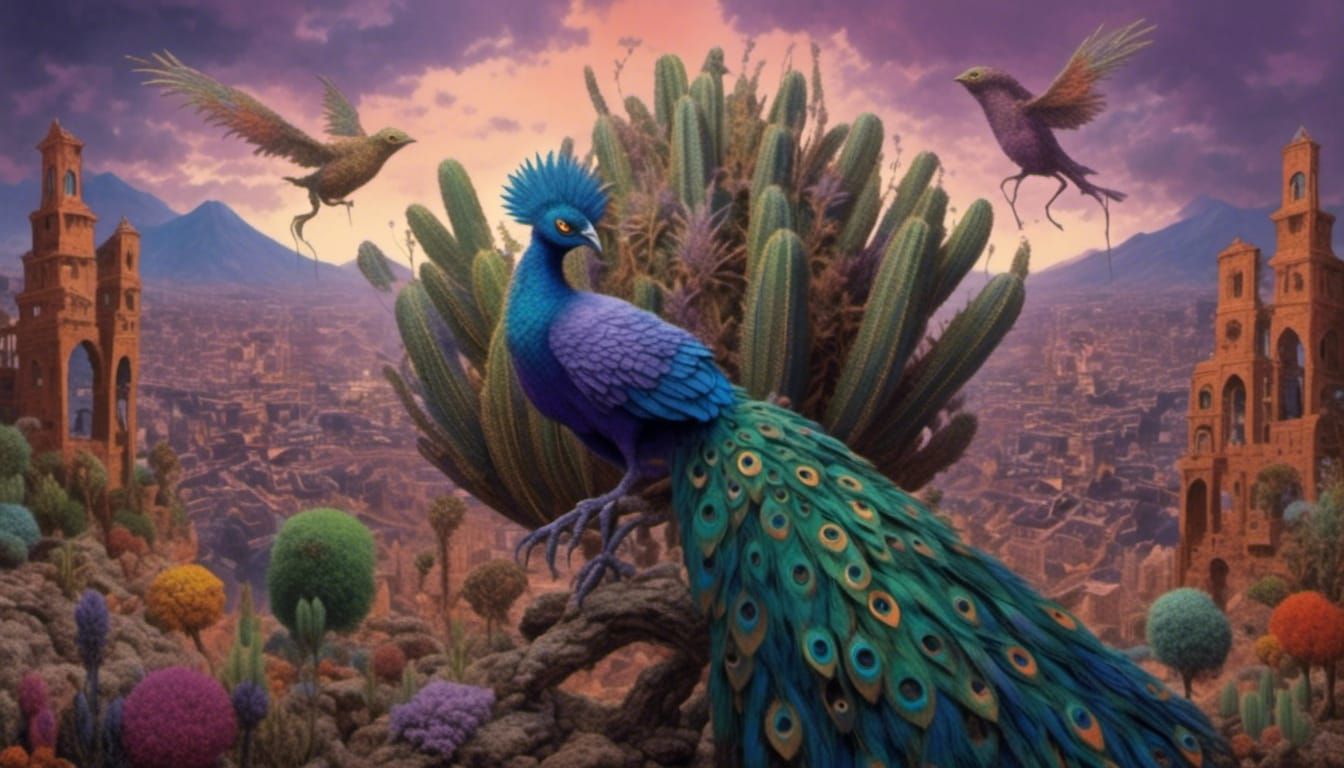 Towering Kaiju-Peacock in a Ruined Baroque City