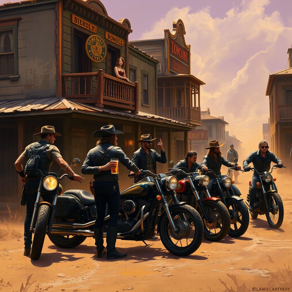 Bikers Gather Outside a Vintage Saloon in a Bustling Old Wes...