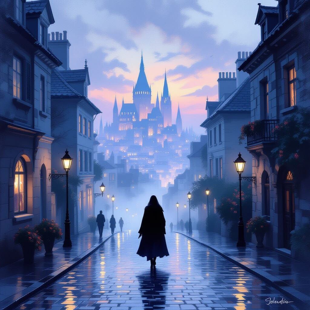 Ethereal Twilight Cityscape with Lone Figure