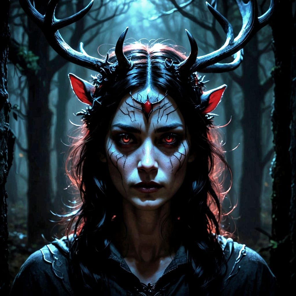 Woman with Antlers and Shadowy Reflection