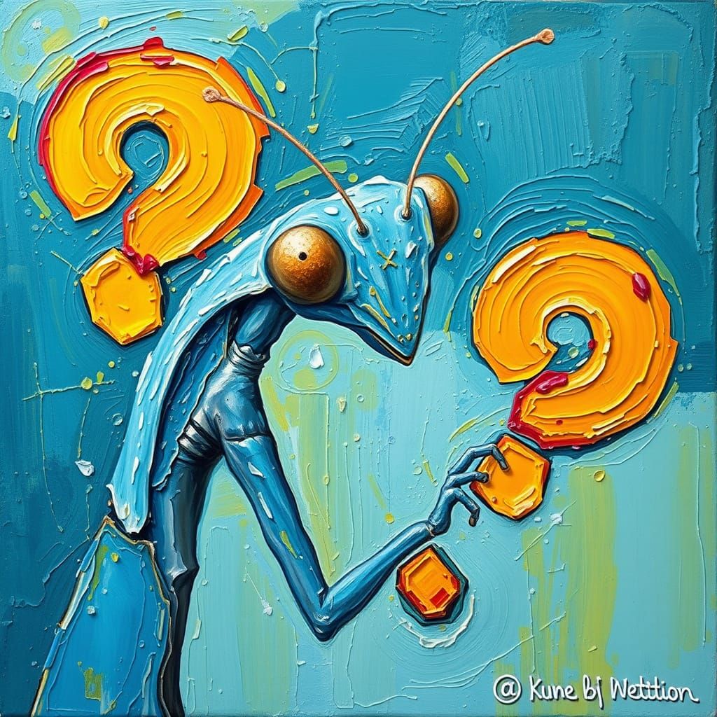 Blue Mantis Asks Existential Questions: Expressionist Oil Pa...