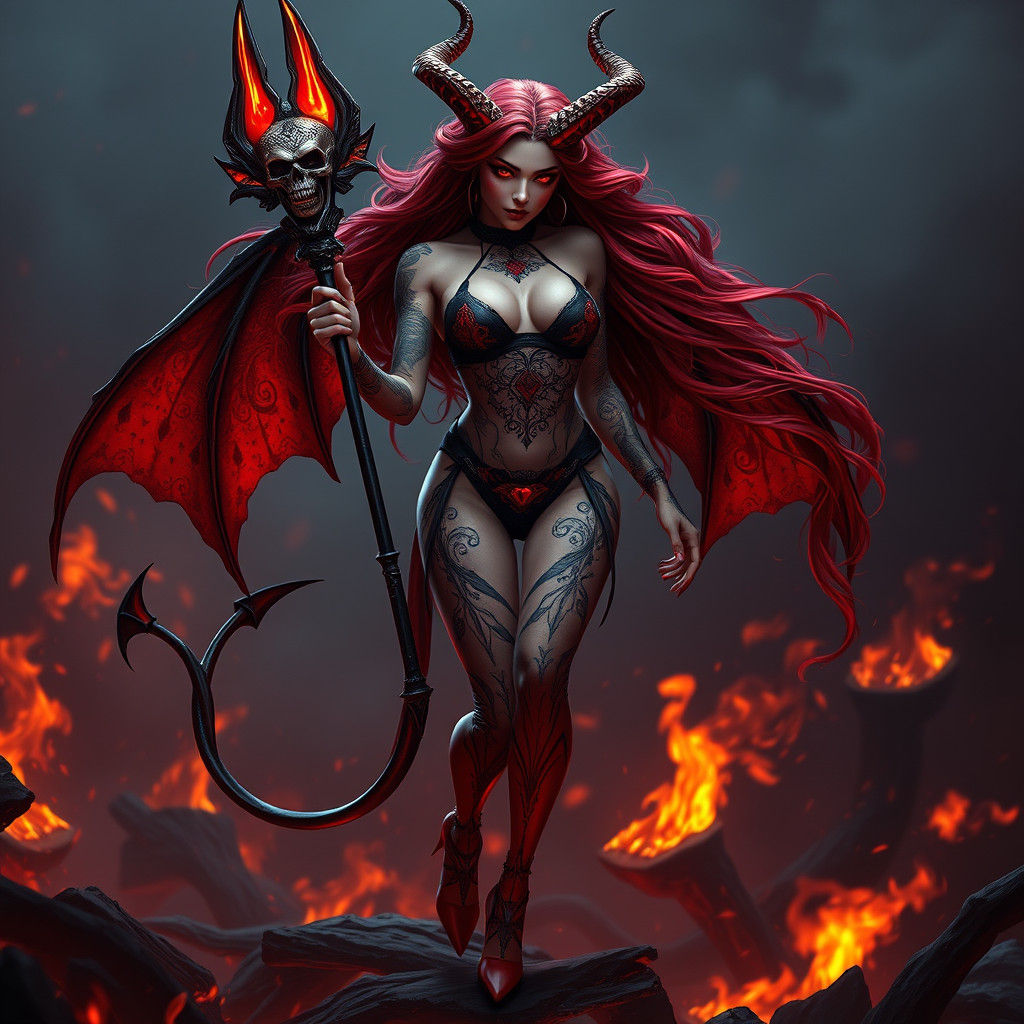Sultry Devil Woman in Hell with Crimson Hair