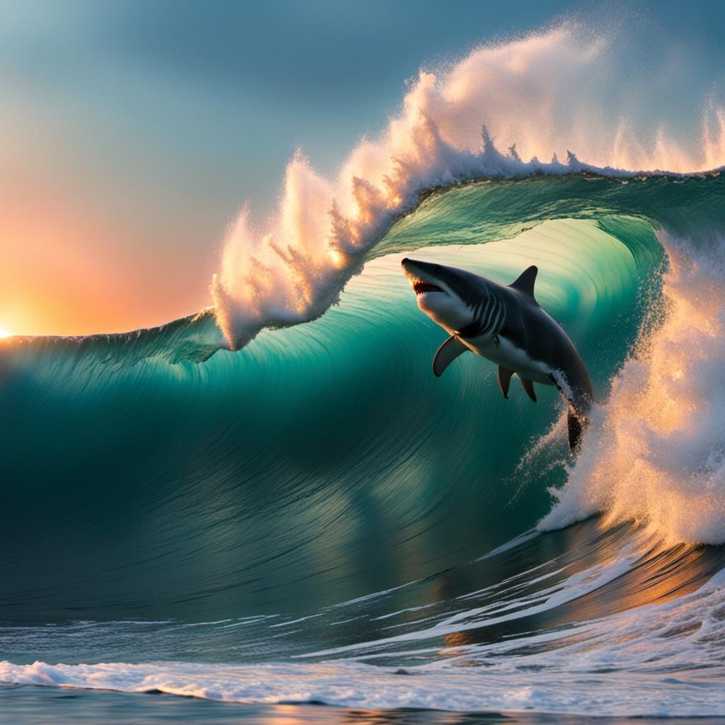 Surfing at Sunset with Shark