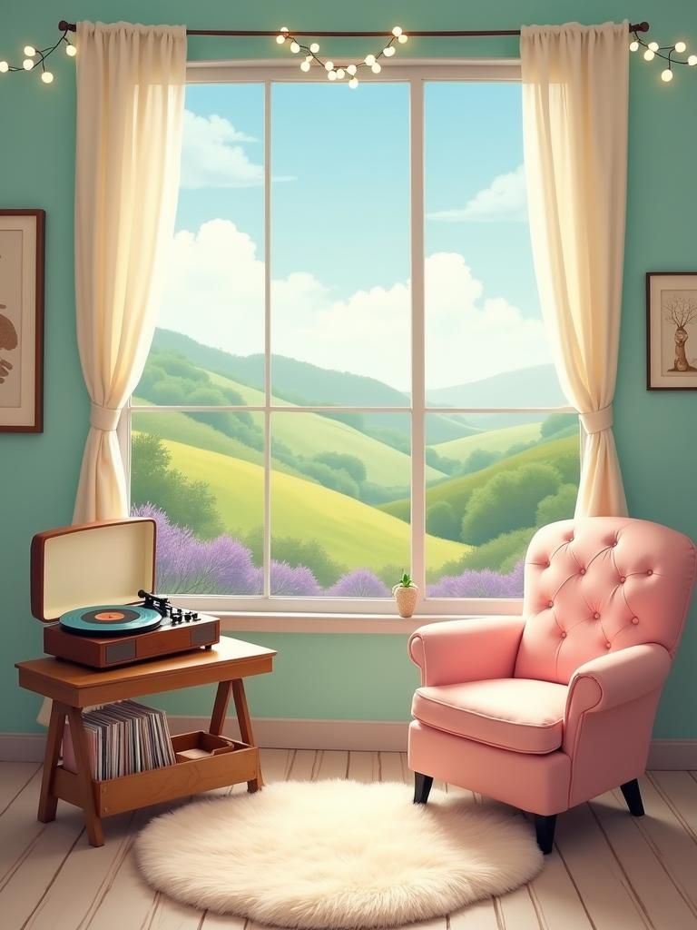 Dreamy Pastel Room with Record Player, Impressionist Style
