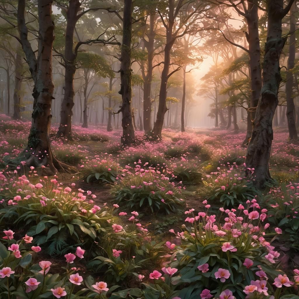 Mystical Forest Blooms at Dawn: Ethereal Matte Painting