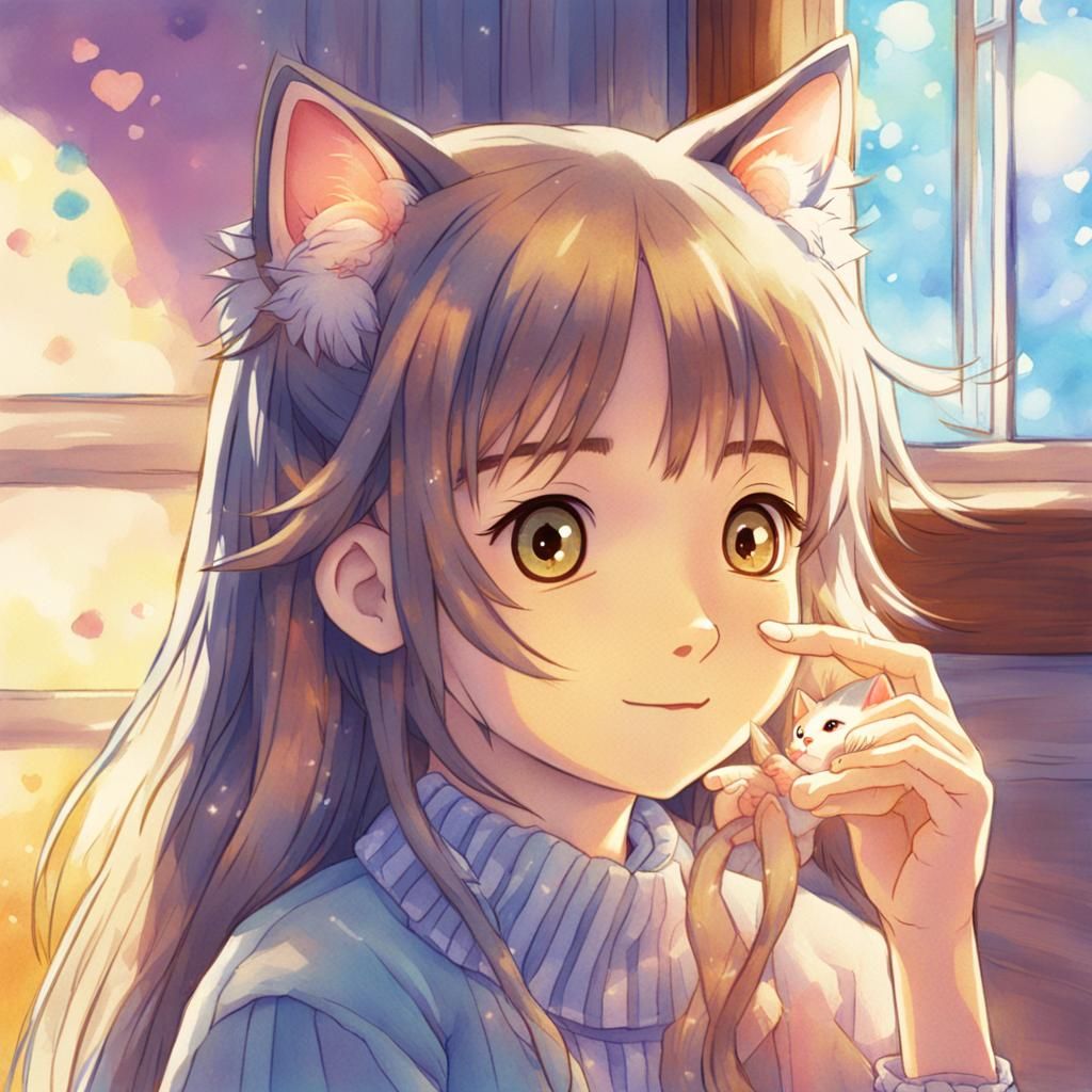 Cute Girl Holding Kitten in Kawaii Anime Style