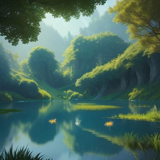 Fantasy Lake Scene in Surrealist Style