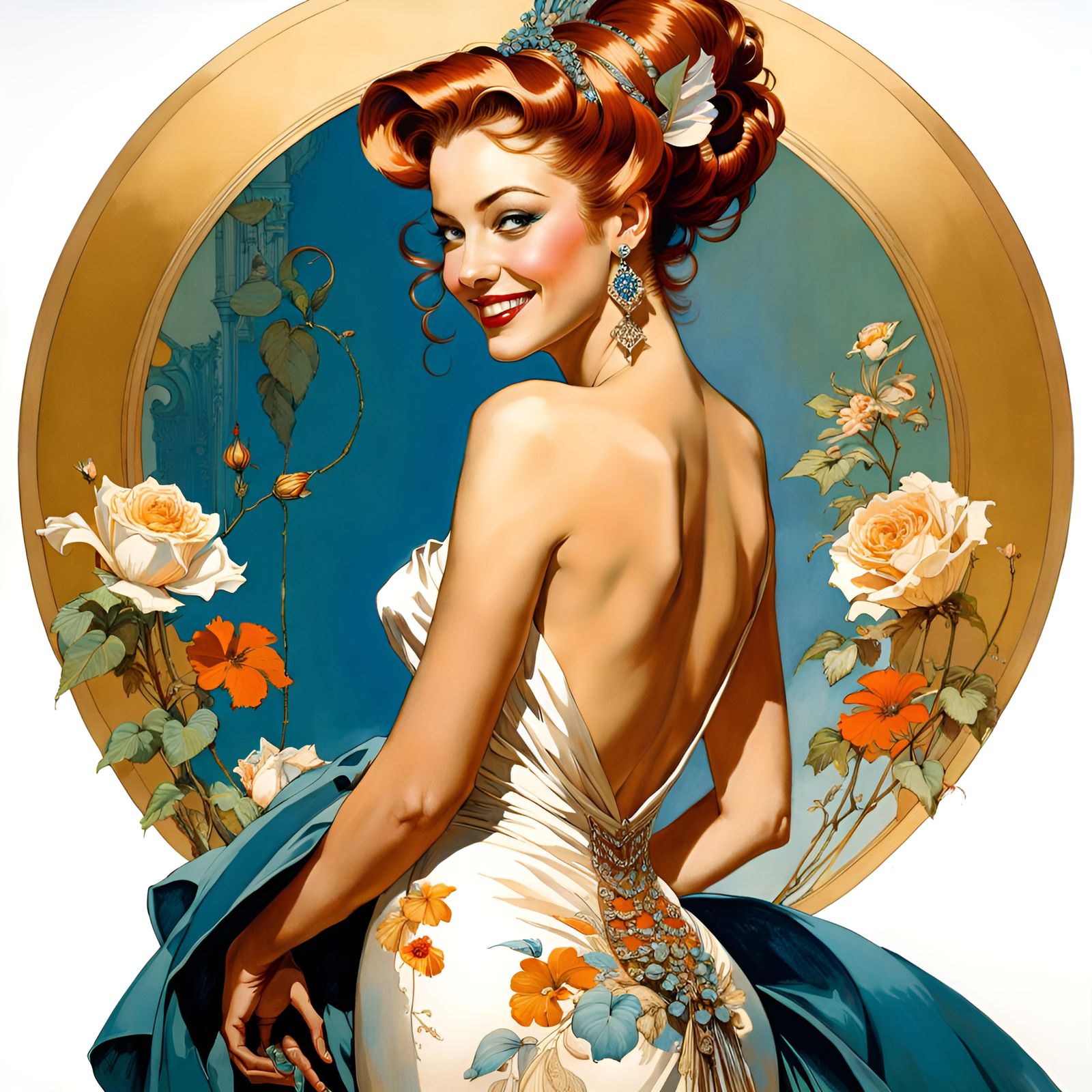 Elegant Woman in Backless Gown, Pin-Up Style