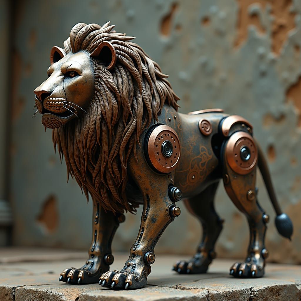 Intricate Mechanical Lion in Industrial Futurism Style