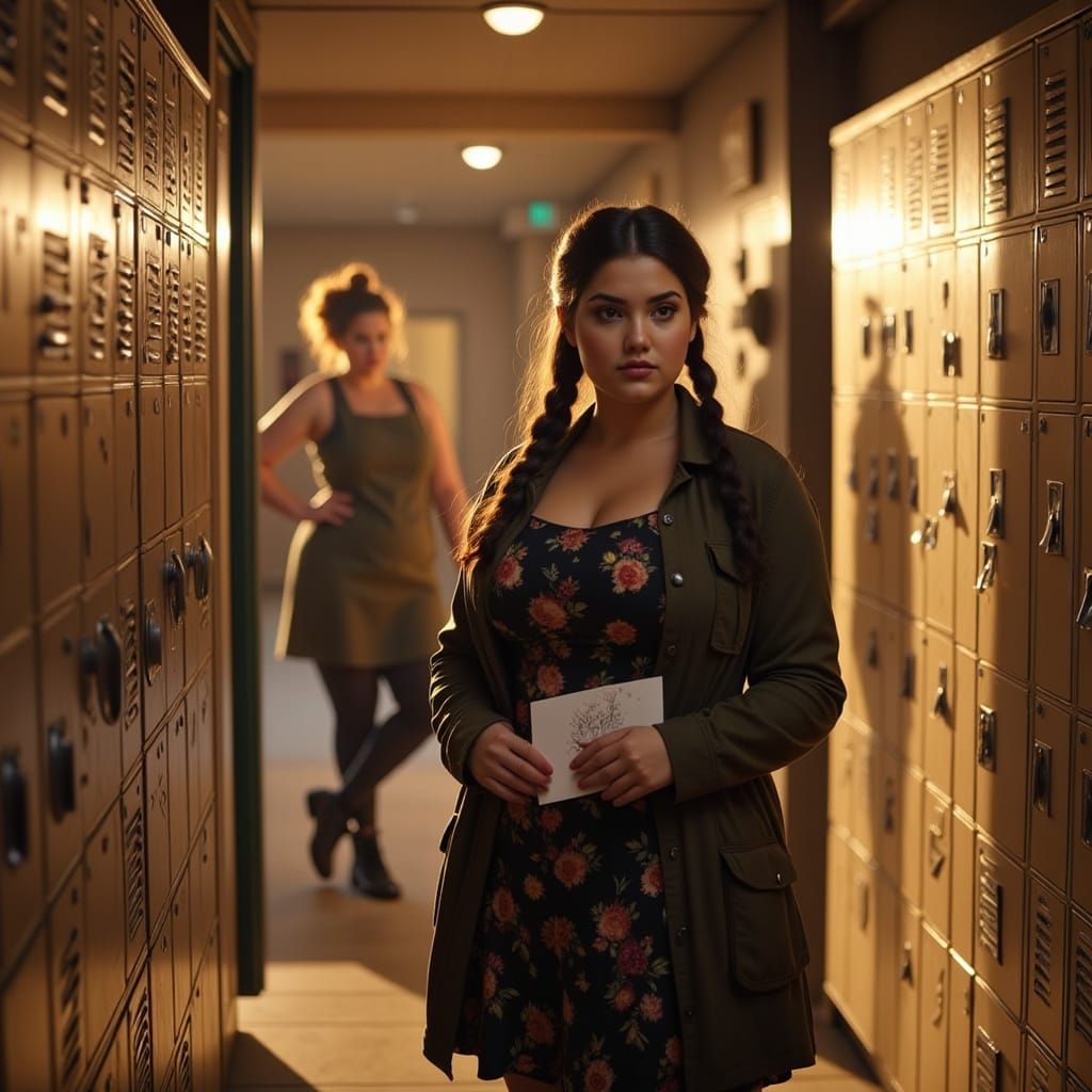 Golden Hour High School Hallway with Thoughtful Young Woman