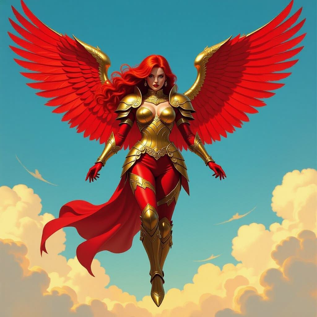 Red-Haired Warrior with Crimson Wings in Fantasy Style