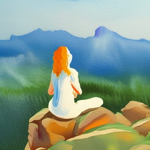 Girl Meditating on Mountain in Gouache Watercolor
