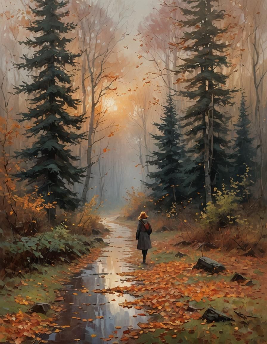 Ethereal Autumnal Impressionism: Woman in Misty Forest