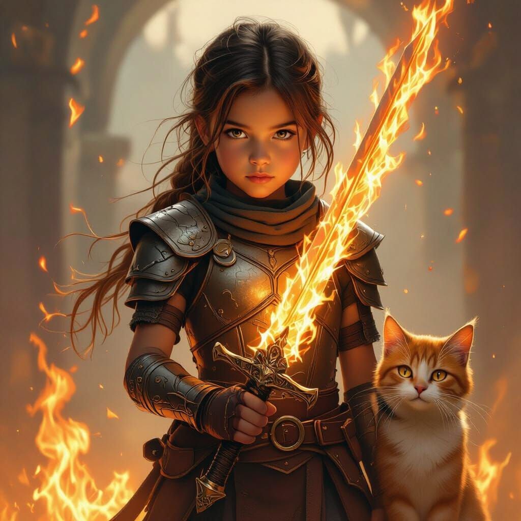 Fiery Girl Warrior with Flaming Sword and Cat