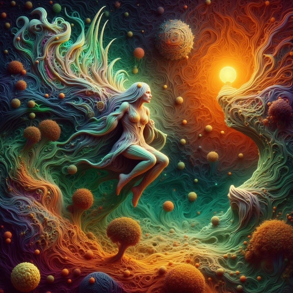 Ethereal Woman in Dreamscape with Abstract 3D Details