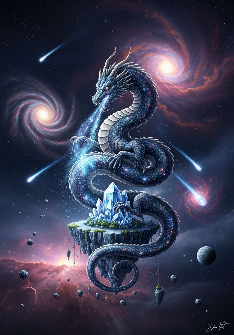 Celestial Dragon Coiled Around Crystal Island