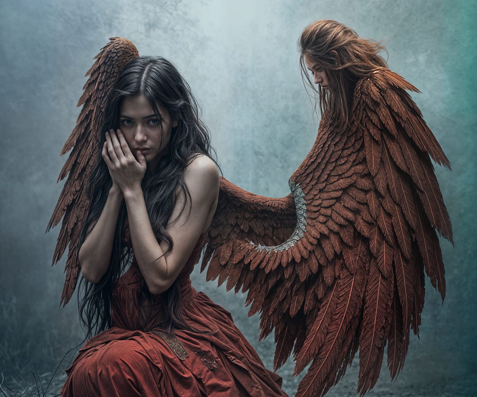 Red Angel Kneeling with Broken Wing in Dystopian Setting