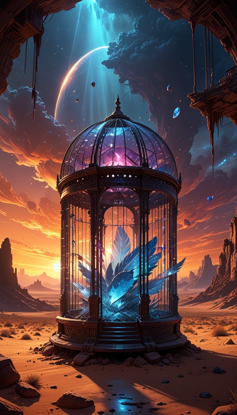 Colossal Crystalline Birdcage Above Alien Desert
