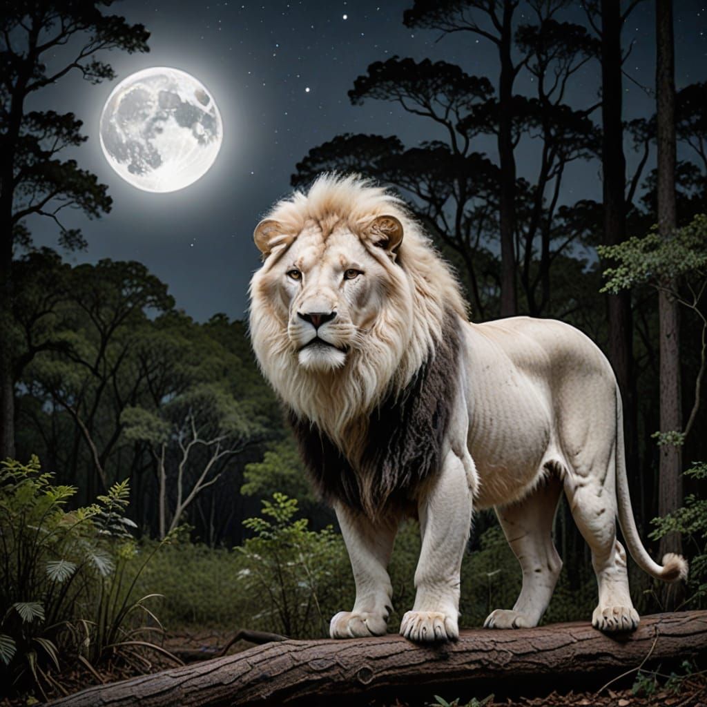 Albino Lion in Mississippi Forest Under Full Moon
