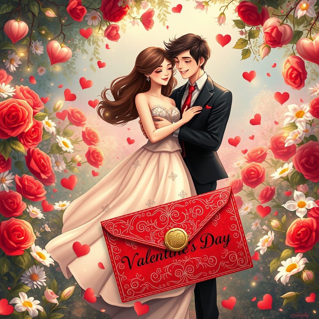 Romantic Garden Embrace in Whimsical, Dreamy Style