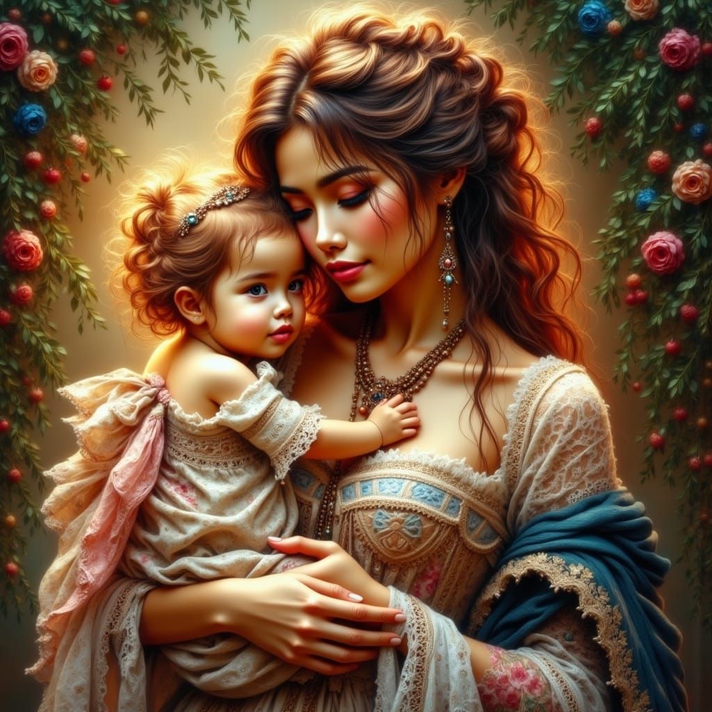 Ethereal Victorian Matron Enfolds Cherubic Infant in Warm Go...