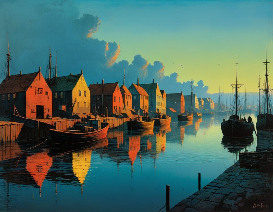 Vibrant Danish Fishing Village Unfolds Under Evening Sun