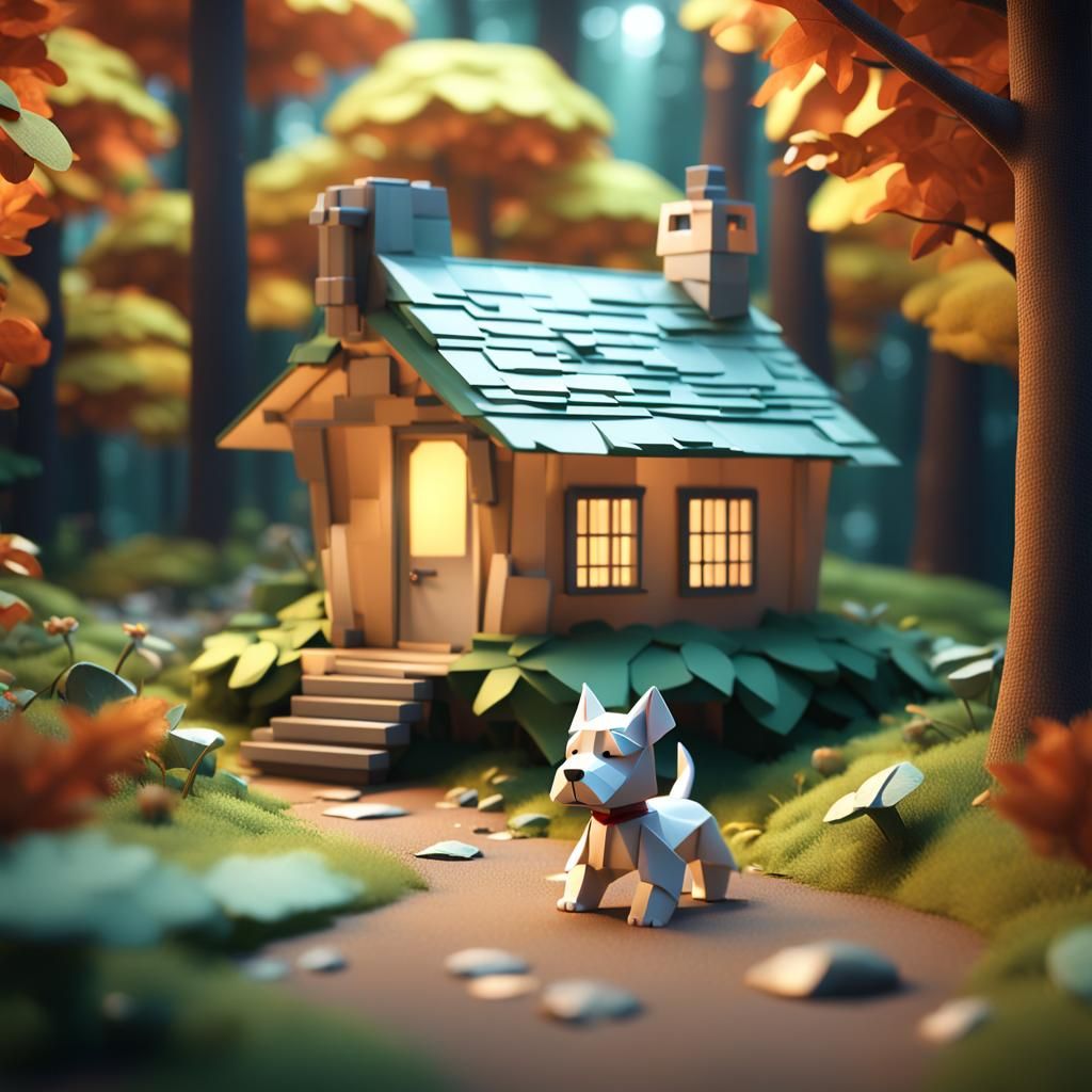 Origami Cottage and Puppy Papercraft in Forest