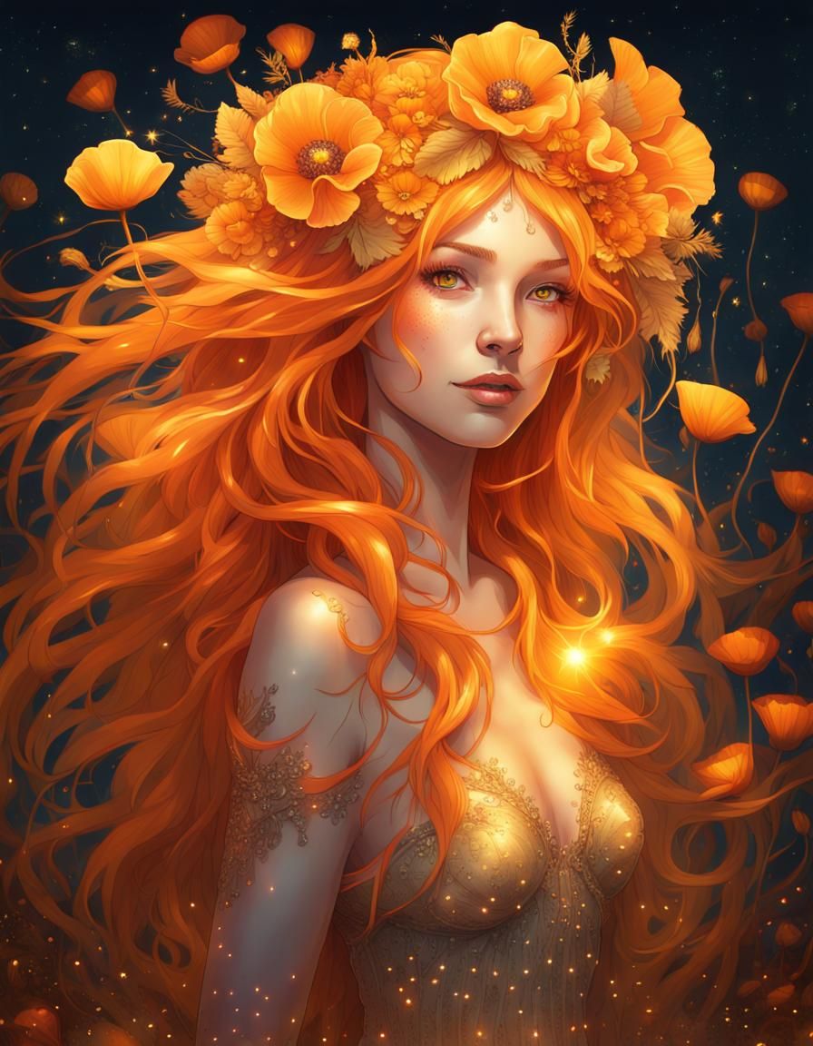 Glowing Orange Fairy Portrait with Poppy Crown