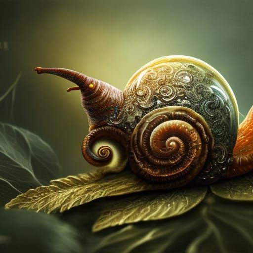 Detailed Snail on Leaf in Dark Fantasy Style