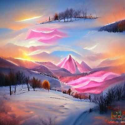 Pink Twilight Winter Mountain Landscape, Pastel Art