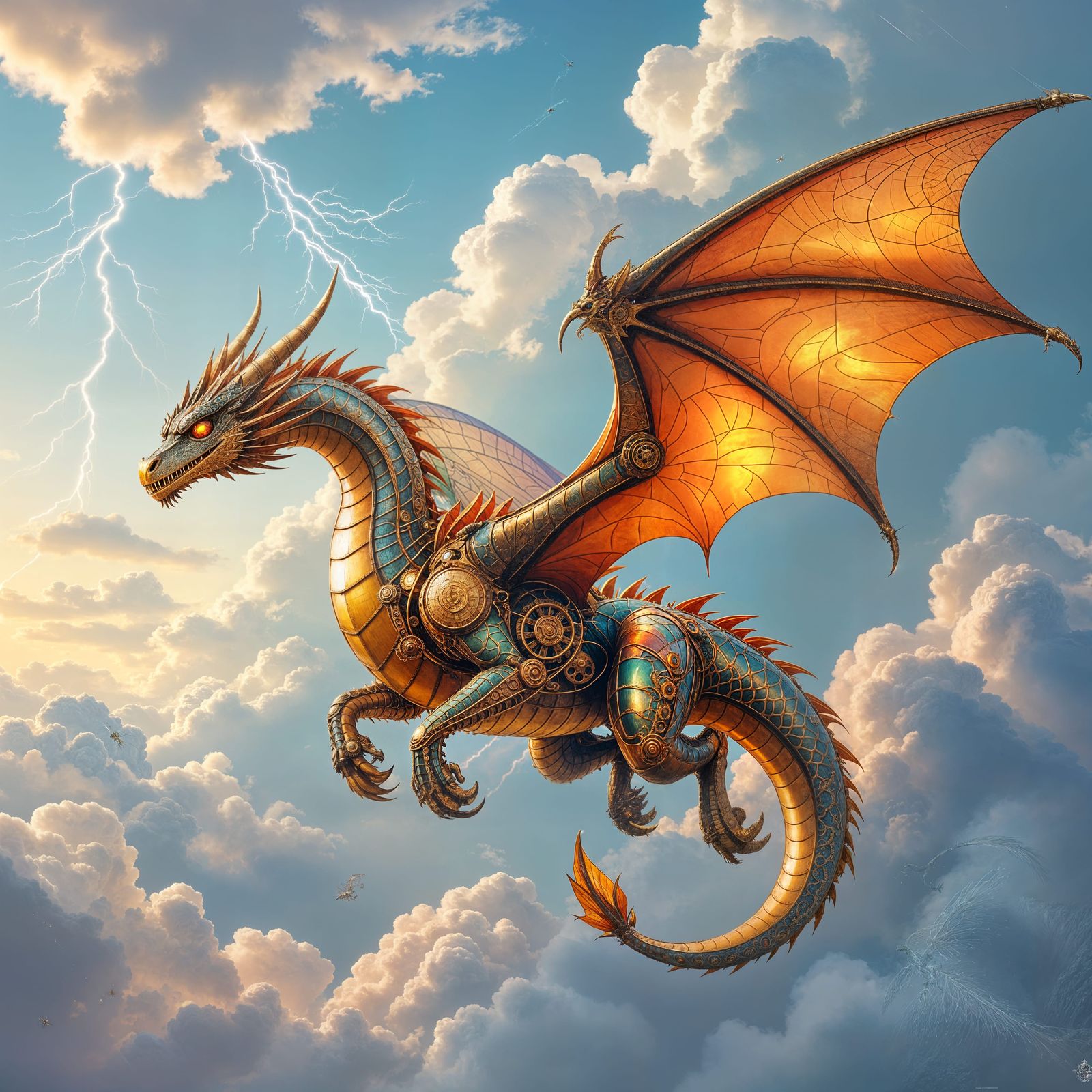 Steampunk Dragon Soaring Through Cloudy Sky