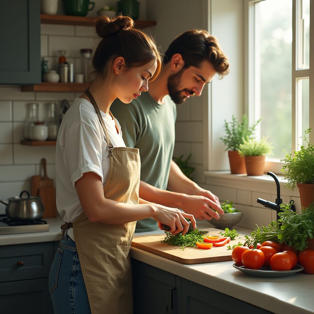 Hyperrealistic Kitchen Scene with Helping Boyfriend