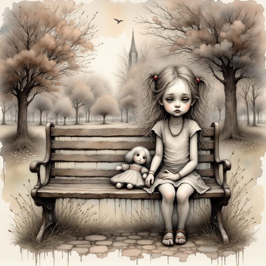Sad Girl on Park Bench in Waterline Painting Style