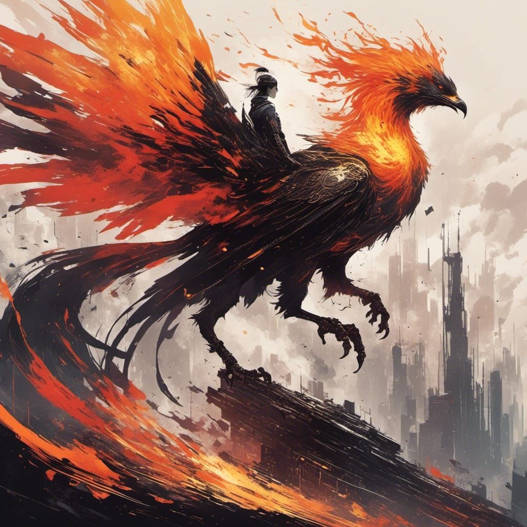 Fiery Phoenix Rising: Glitchcore Silhouette Illustration
