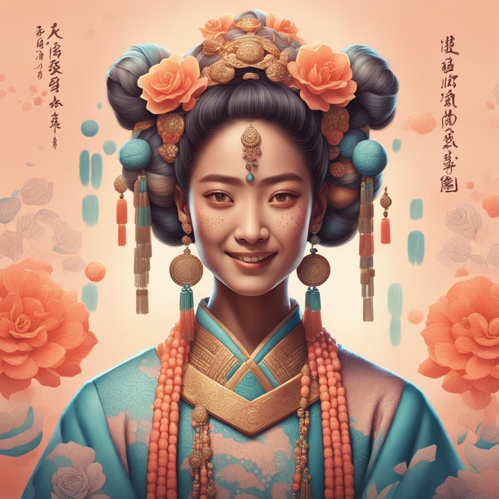 Beautiful Geisha Portrait in Fingerprint Style Illustration