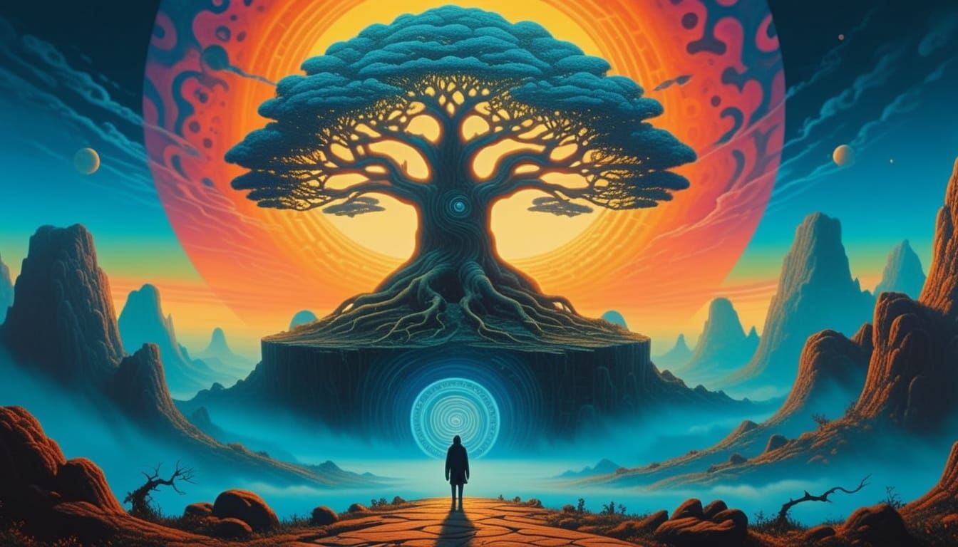 Mystical Tree in Mist: Surrealist Digital Painting