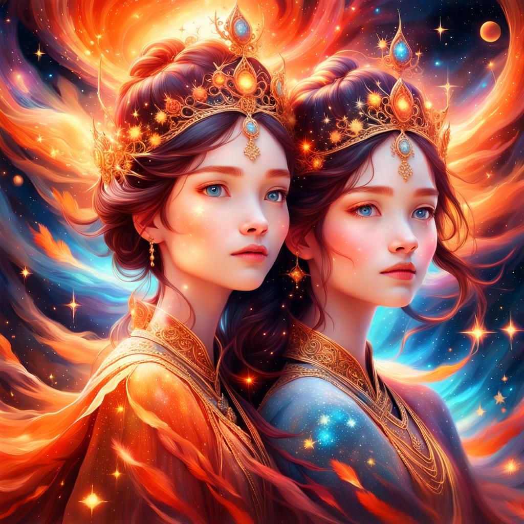 Twin Princesses in Cosmic Starlight: Digital Art