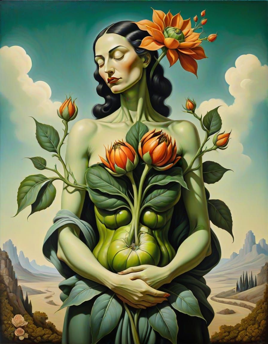 Surreal Woman-Flower with Figure, Oil Painting
