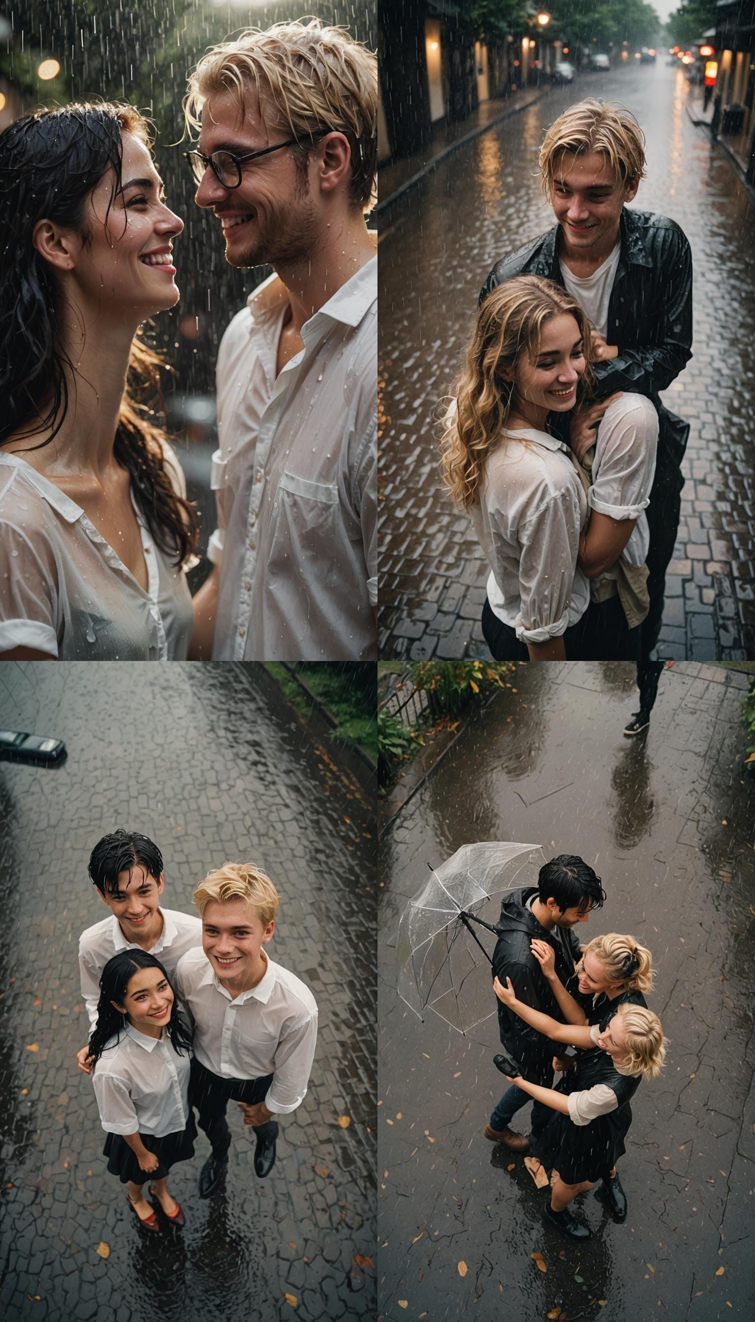 Romantic Couple Smiling in the Rain: Cinematic Film Still