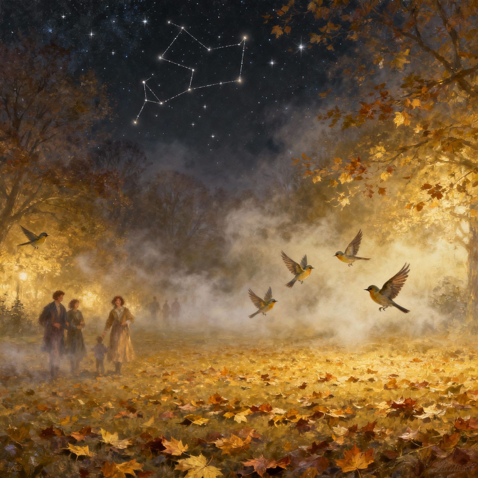 Ethereal Fantasy Birds Under Starry Autumn Night