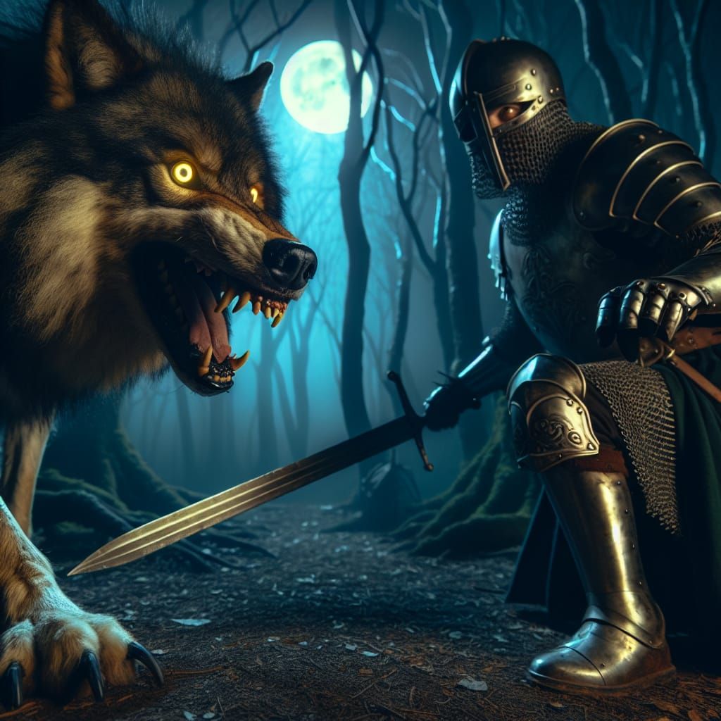 Dire Wolf Growling at Medieval Guard in Forest