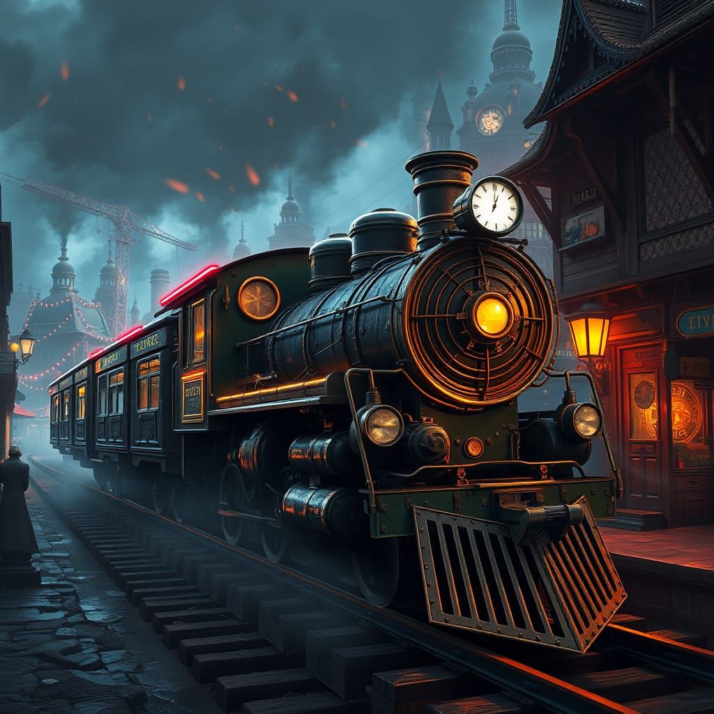 Steampunk Steam Train in Detailed Matte Painting