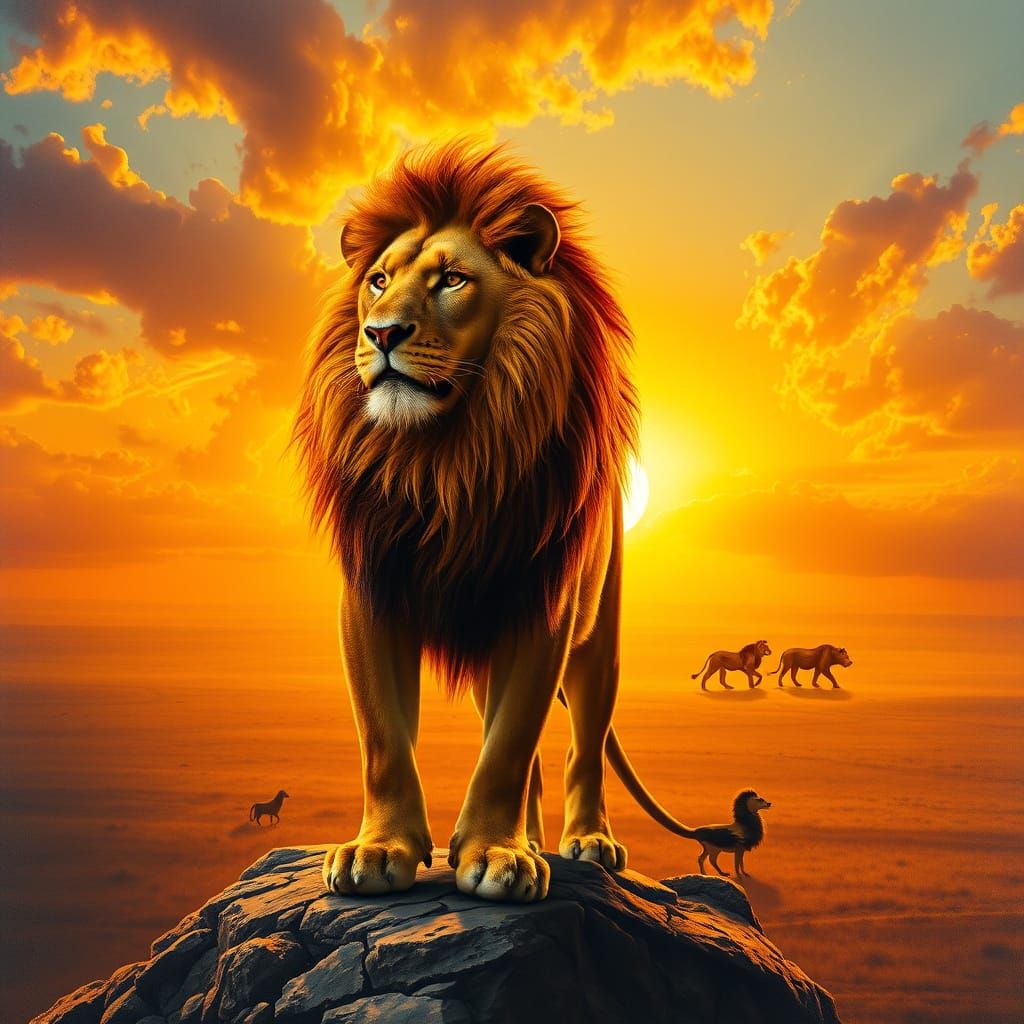 Majestic Lion Overlooking Savanna, Hyper-Realistic Oil Paint...