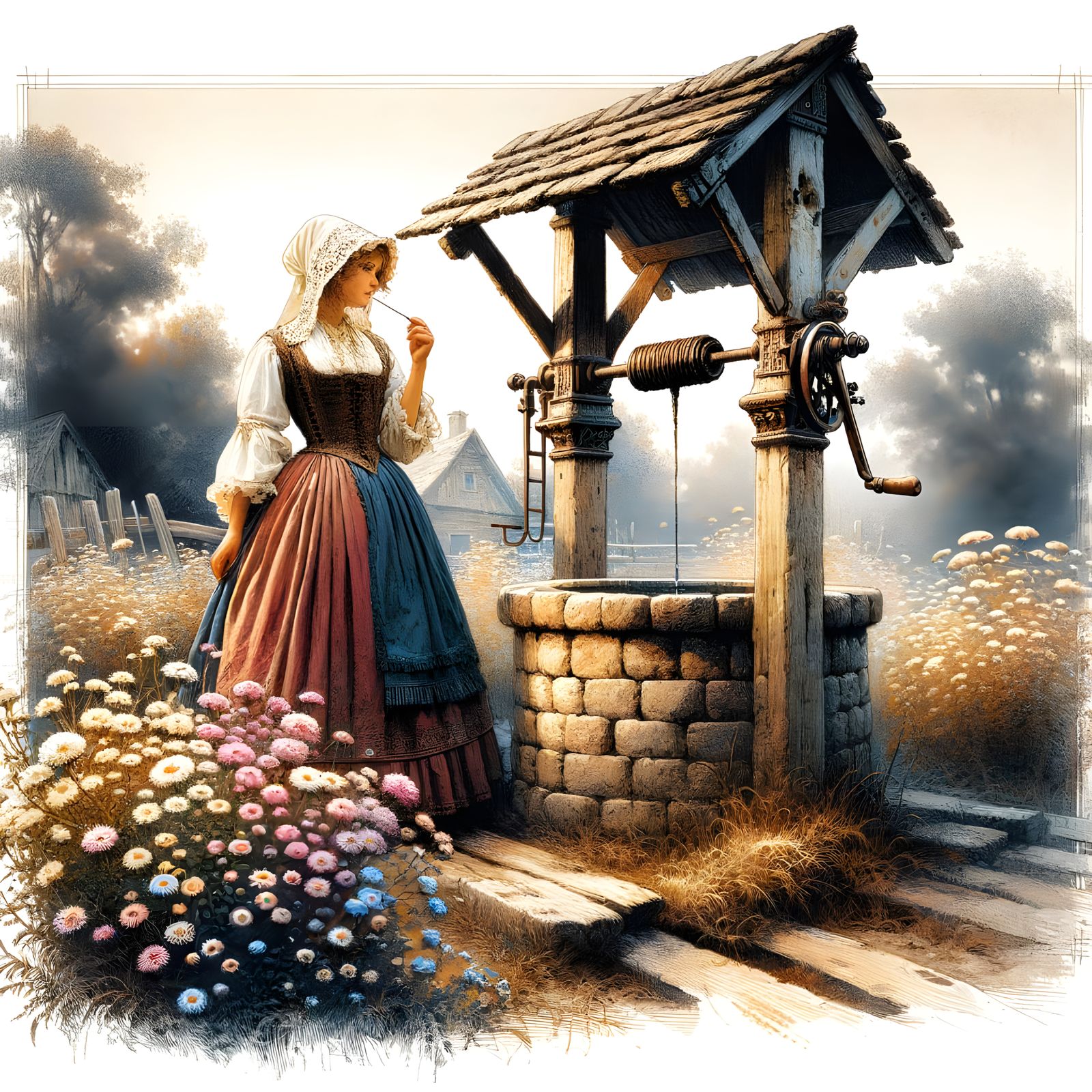 Victorian Farm Woman at Antique Well, Watercolor